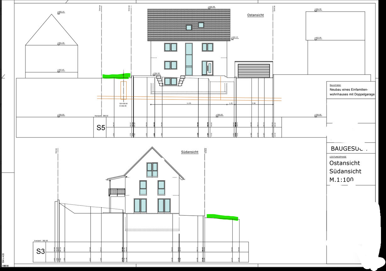 Ost- und Südansicht eines Einfamilienhauses mit Garage, Treppenstufen und Balkon.