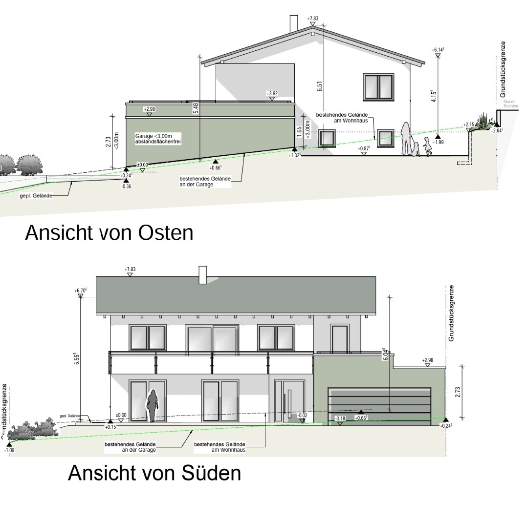 Architekturzeichnung Ost- und Südansicht eines Hauses mit Geländeanstieg
