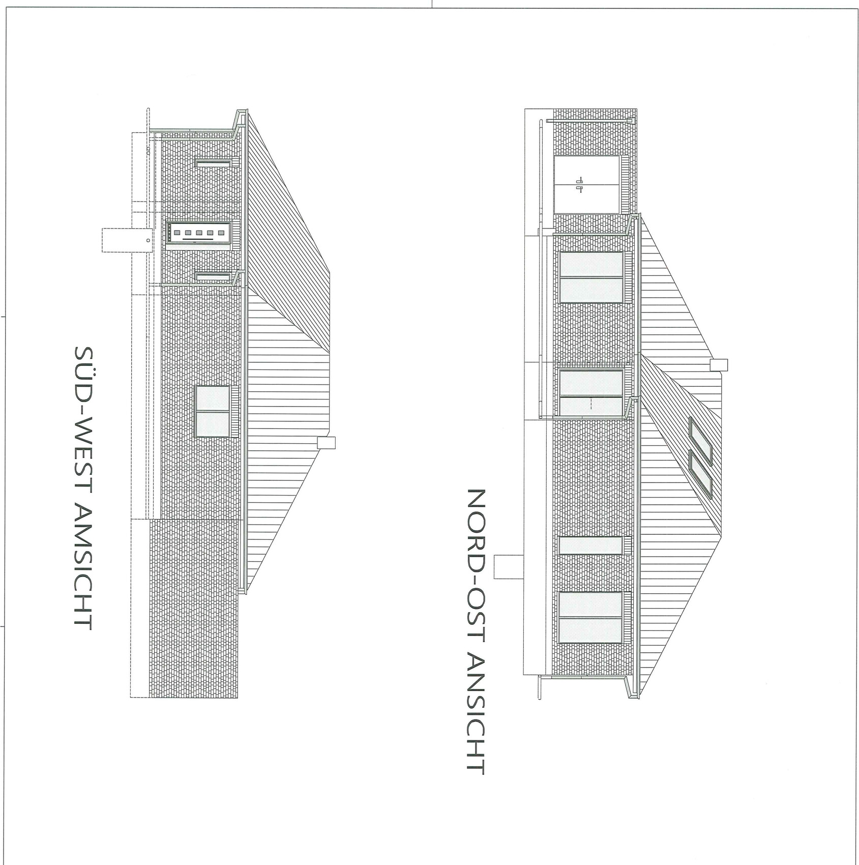 Architektenzeichnung eines zweigeschossigen Hauses mit Südwest- und Nordost-Ansicht.