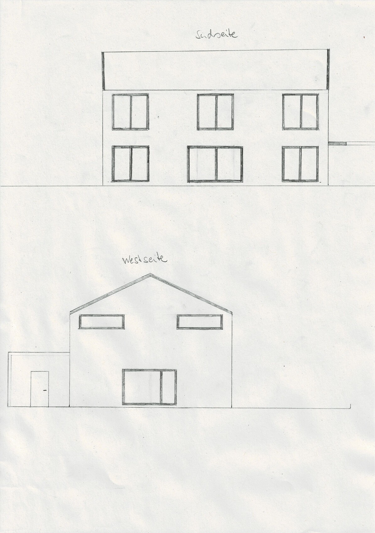 Skizze eines Hauses: Südseite mit drei Fenstern; Westseite mit Satteldach, Fenster und Tür.
