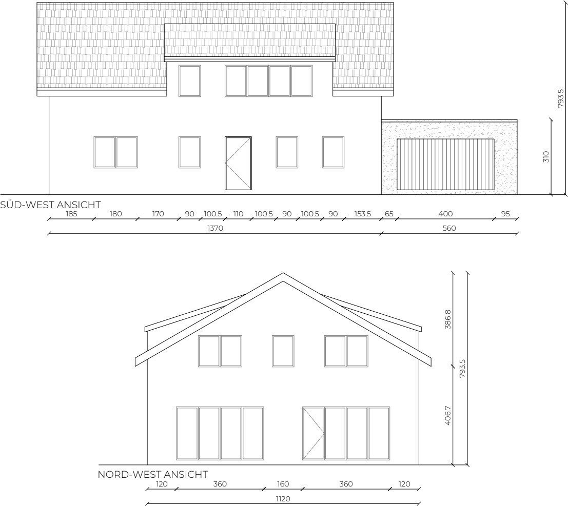 Architektonische Hauszeichnung: Südwest- und Nordwest-Ansichten mit Tür, Fenstern, Garage und Dach.