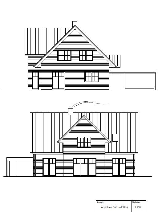 Zweigeschossiges Haus mit Satteldach; Süd- und Westansicht, Fenster, Türen, Anbau.