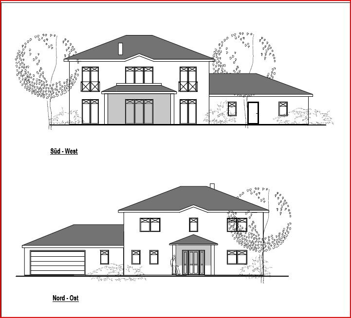 Architekturzeichnung: Zwei Hausfassaden (Süd-West und Nord-Ost) mit Garage.