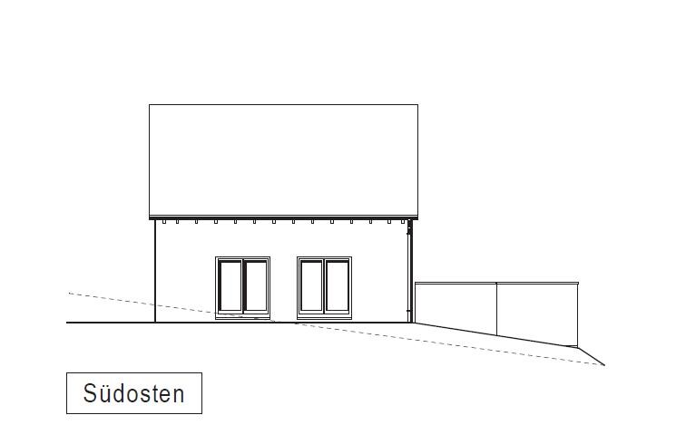 Außenansicht eines Hauses als Linienzeichnung mit Südost-Ausrichtung.