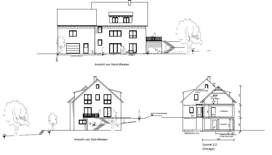 Architekturzeichnung eines zweigeschossigen Hauses mit Garage, Terrasse und Garten; NW-/SW-Ansichten.