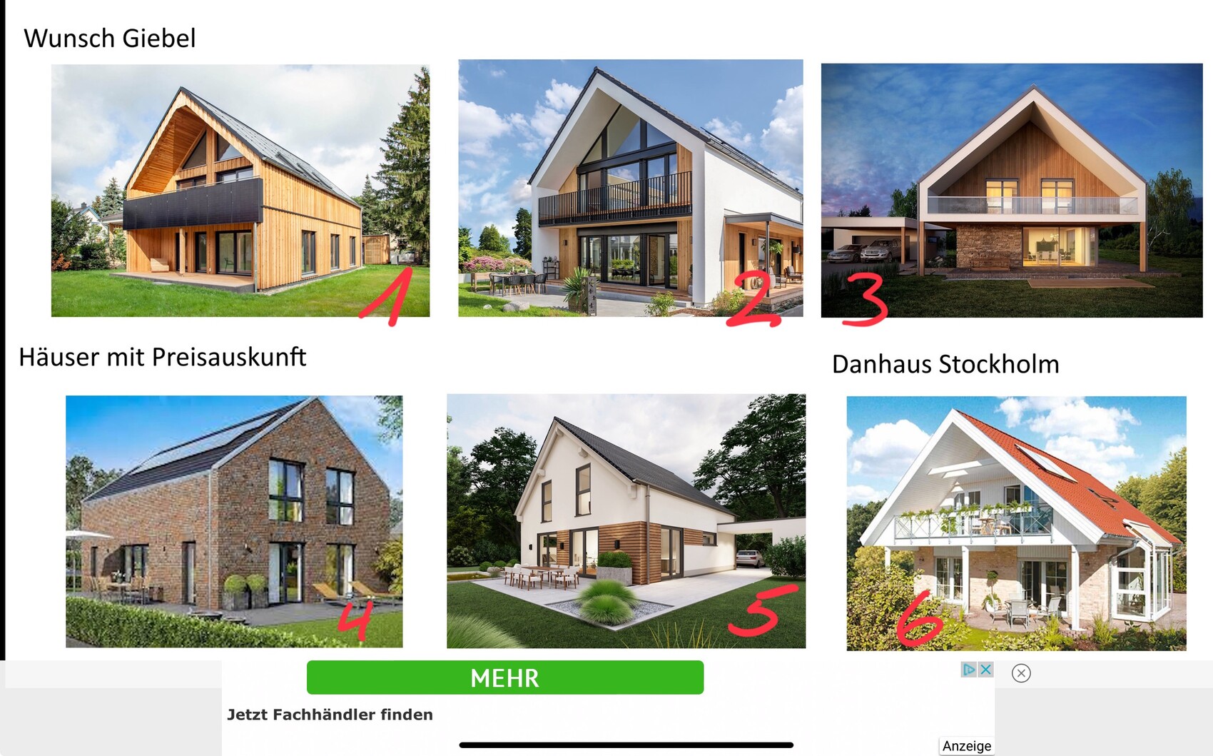 Collage verschiedener Häuseransichten: Holzhaus, modernes Haus und Architektur