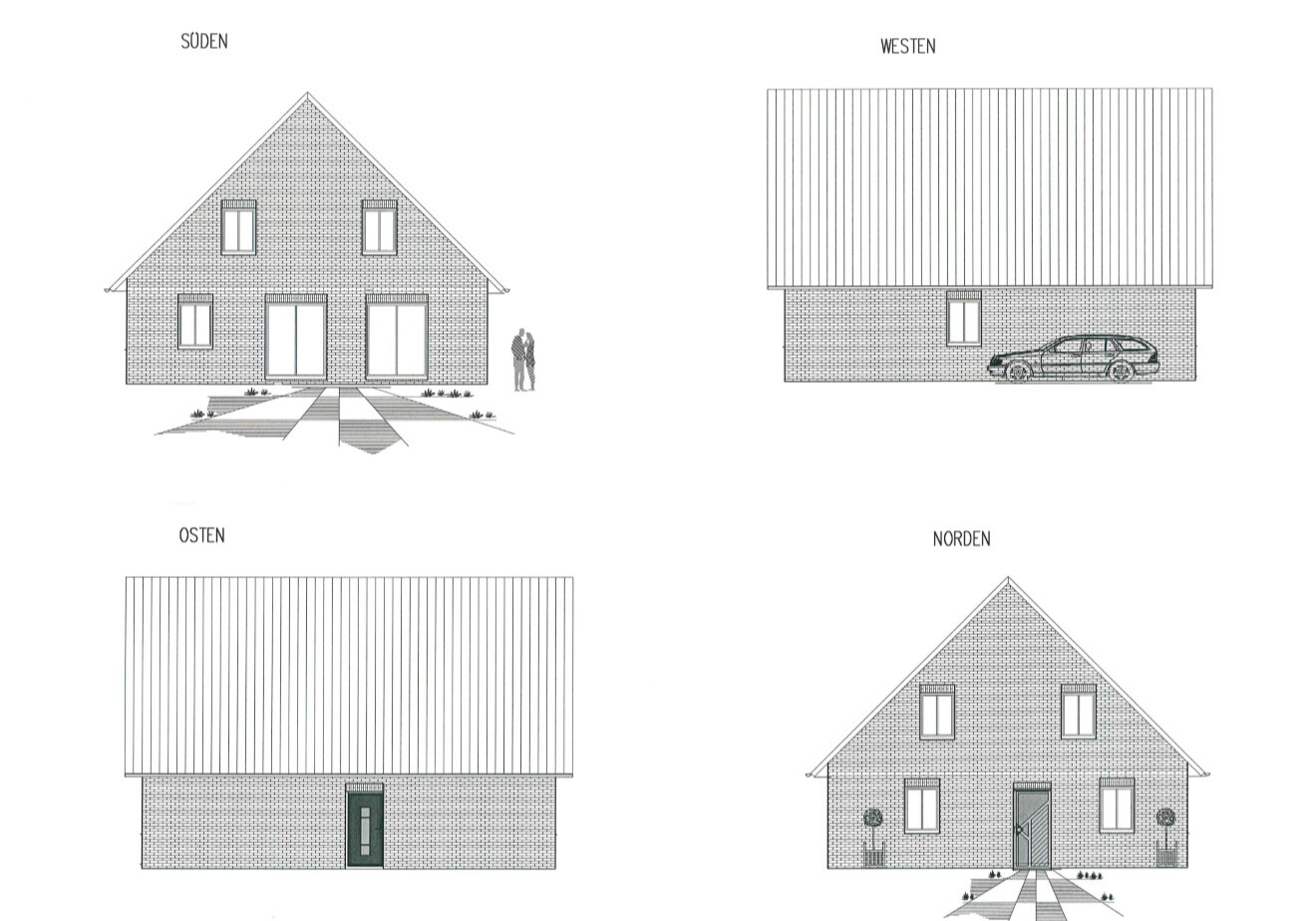Architektenzeichnung eines Einfamilienhauses mit Fassadenansichten Süd, West, Ost und Nord