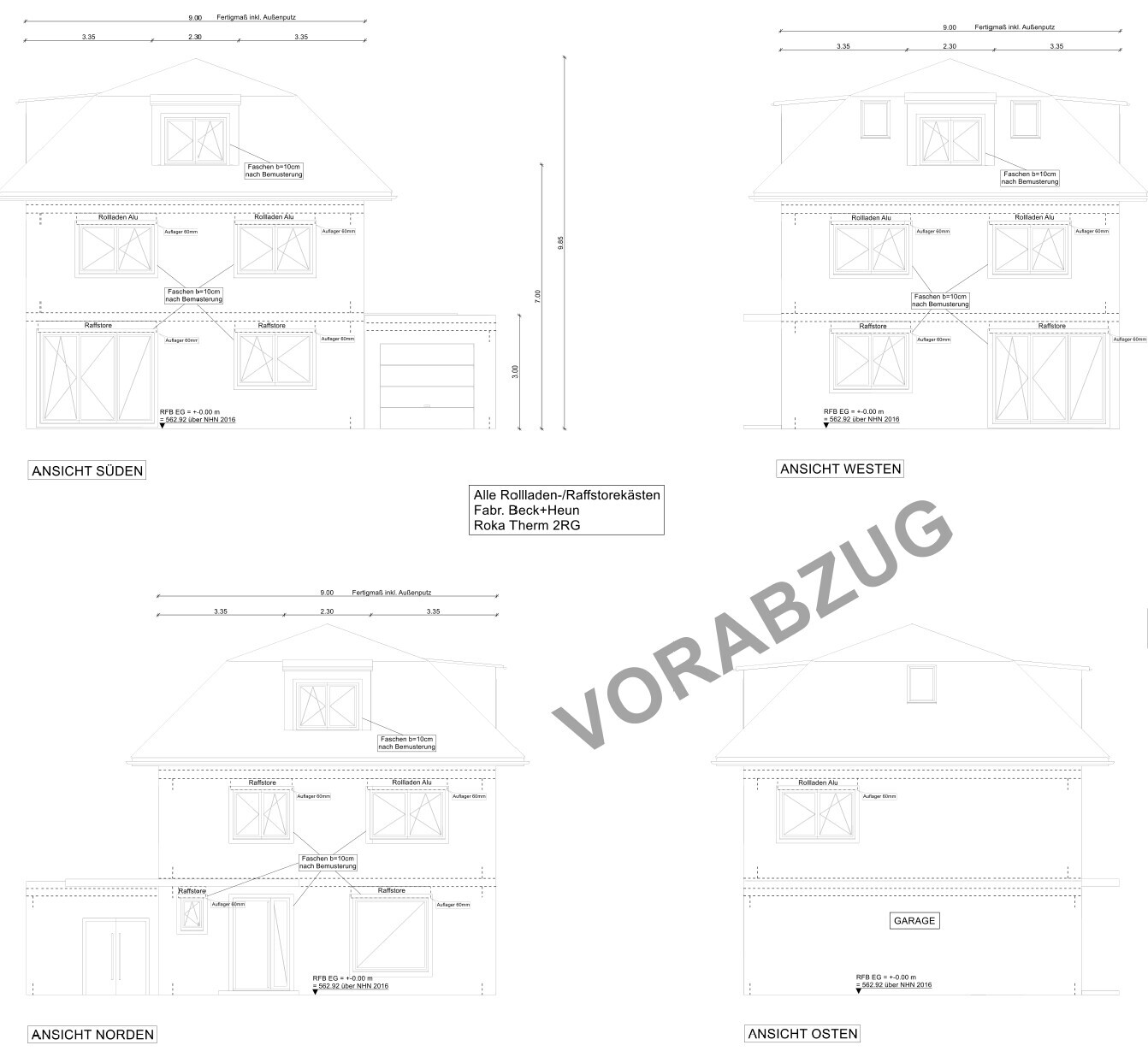 Architektenzeichnung: Mehrfamilienhaus mit Ansichten Süden, Westen, Norden und Osten, Garage