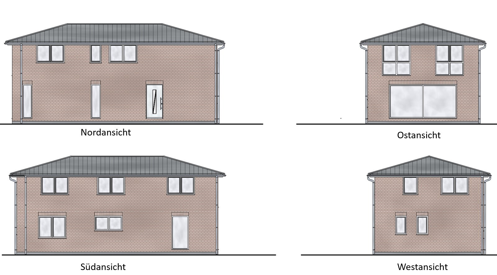 Vier Ansichten eines zweigeschossigen Backstein-Hauses mit Satteldach: Nord, Ost, Sud und West