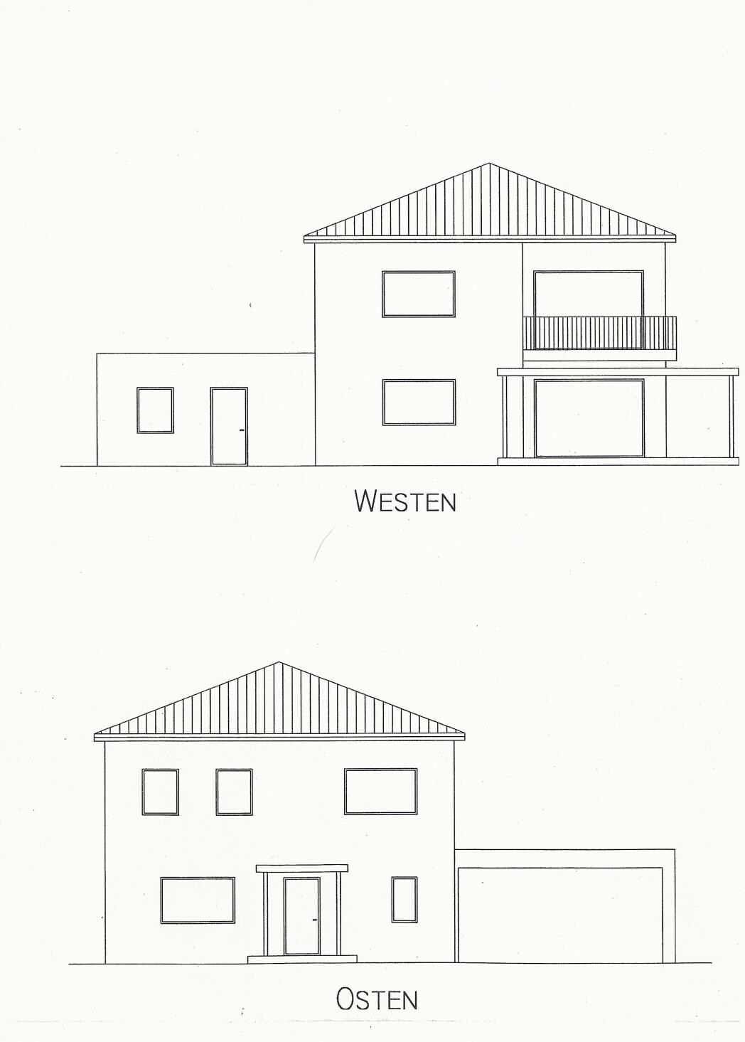 Architekturzeichnung der West- und Ostansicht eines Hauses