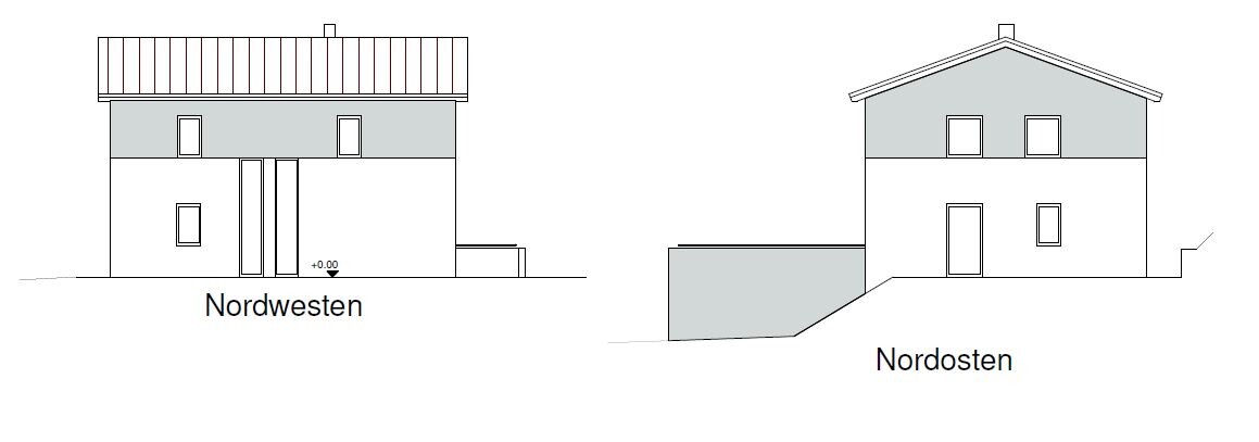Architektonische Hausfassaden Nordwesten und Nordosten als Linienzeichnung