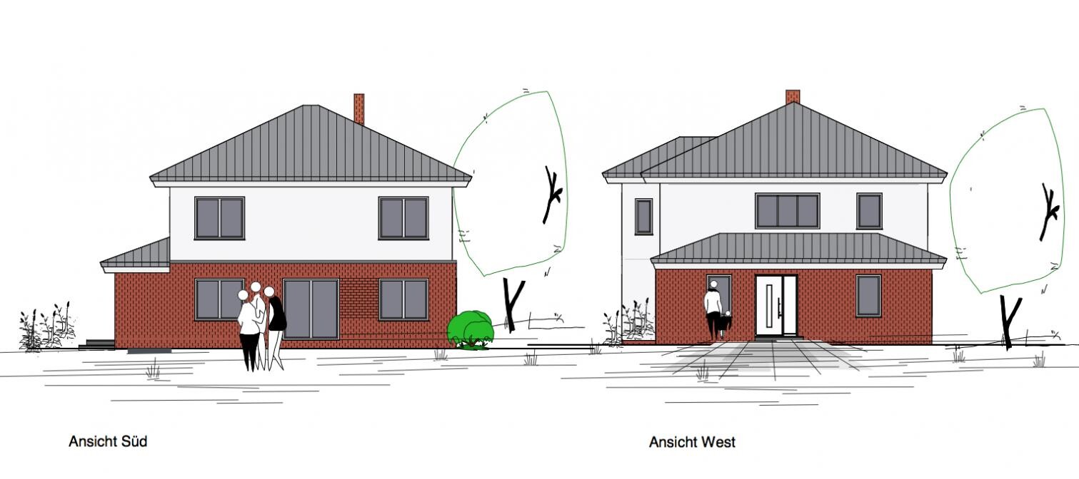 Architekturzeichnung: Süd- und Westansicht zweier Häuser mit rotem Klinker