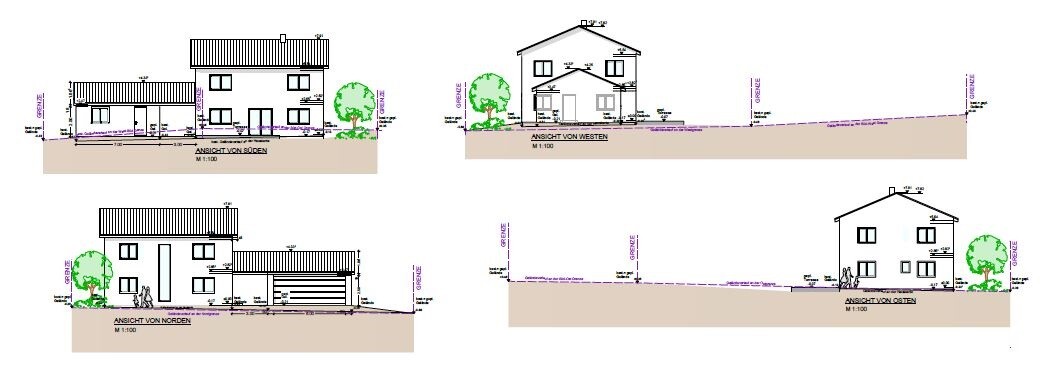 Vier Ansichten eines zweigeschossigen Hauses mit Garage, Bäumen und Geländehang (S/W/N/O).