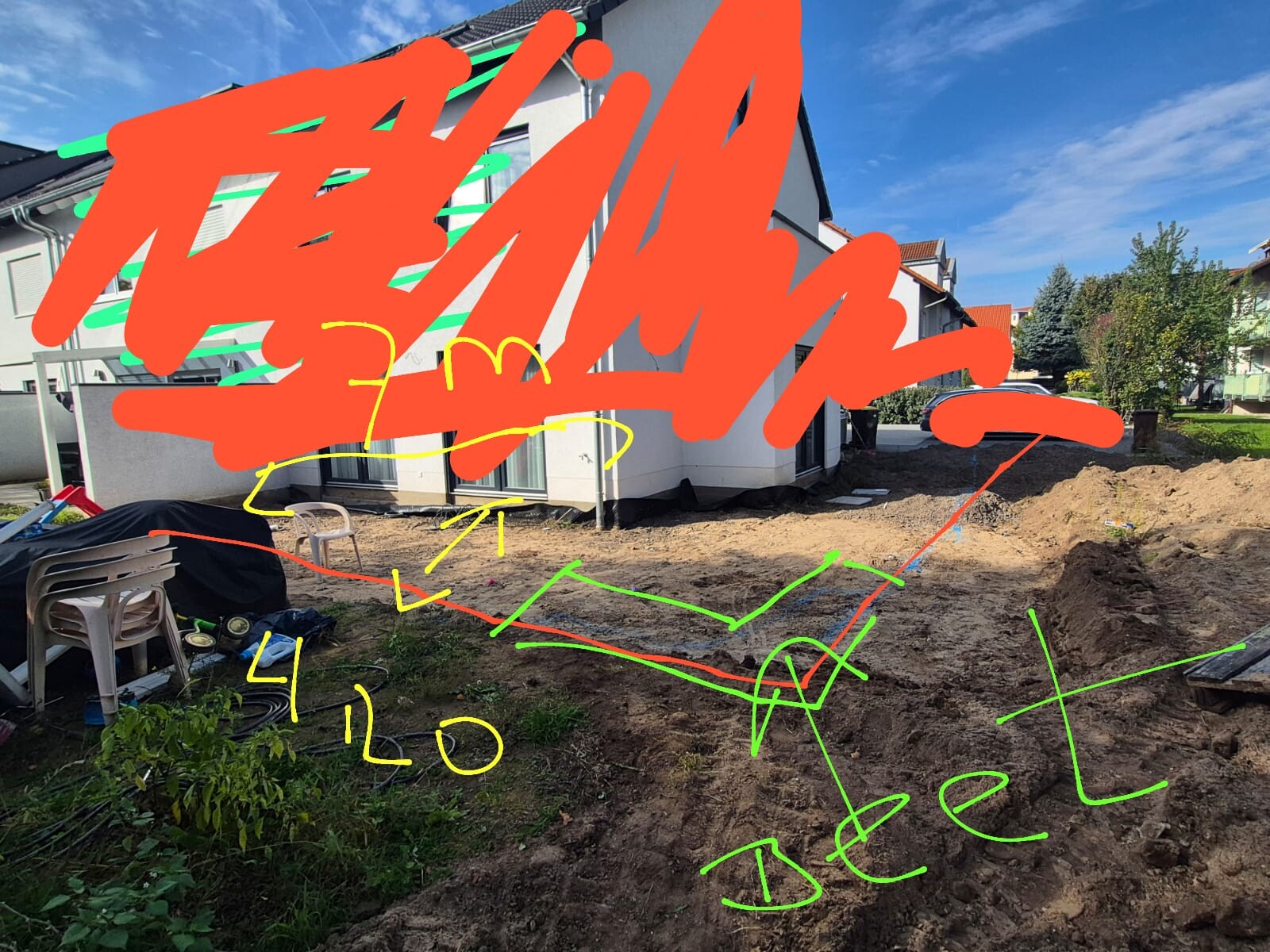 Baustelle im Gartenbereich vor modernem Haus mit aufgeworfener Erde und Bauwerkzeugen.