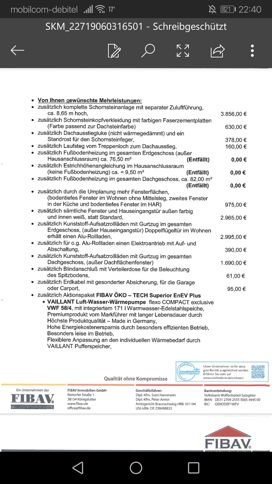 Auflistung von Zusatzleistungen mit Preisen und Tabellen (Dokumentseite).