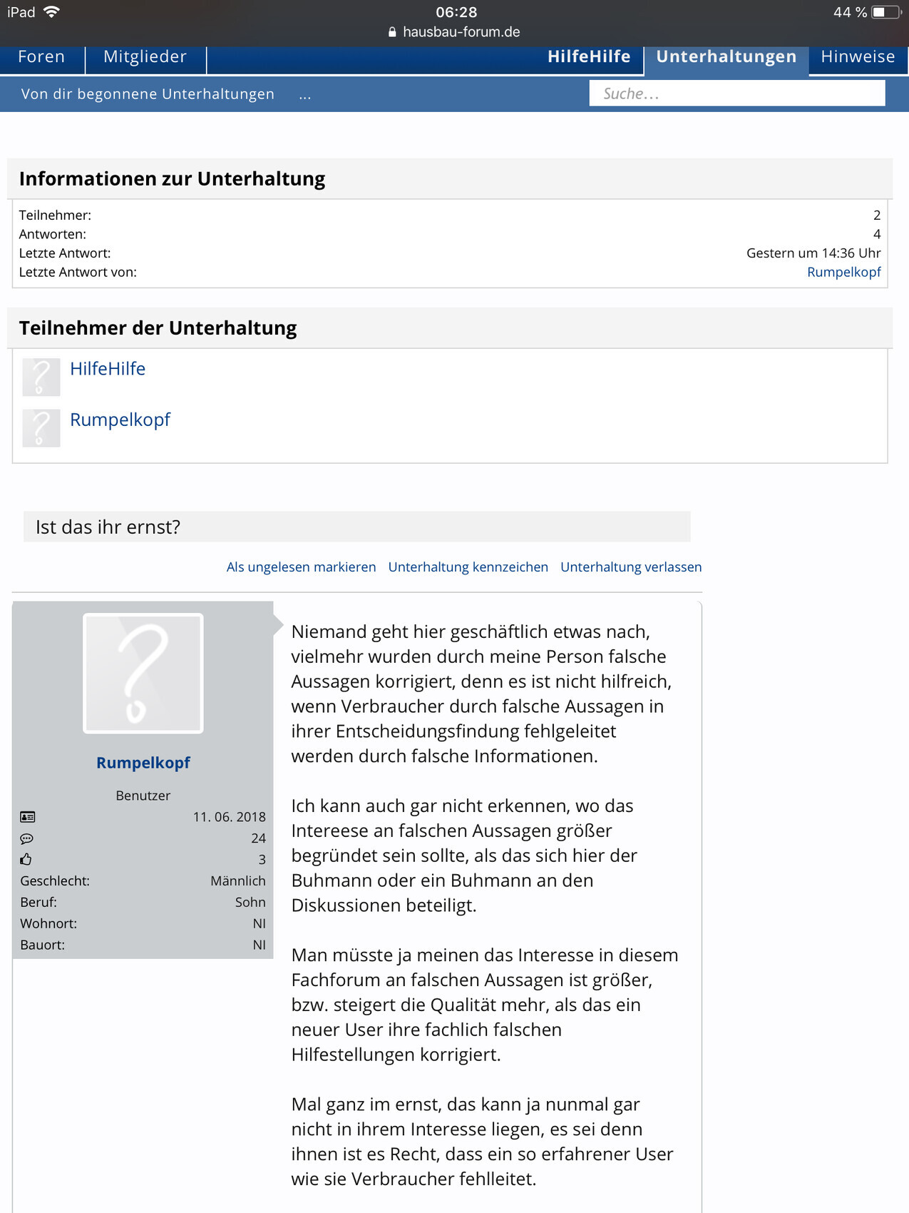 Screenshot eines Forumsbeitrags im Hausbau-Forum mit Diskussion und Profilinfo
