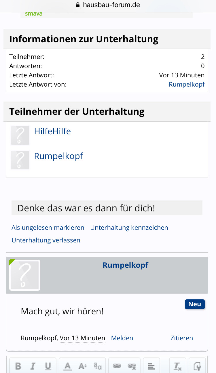 Screenshot eines Hausbau-Forums mit Überschrift Informationen zur Unterhaltung und Teilnehmerliste.