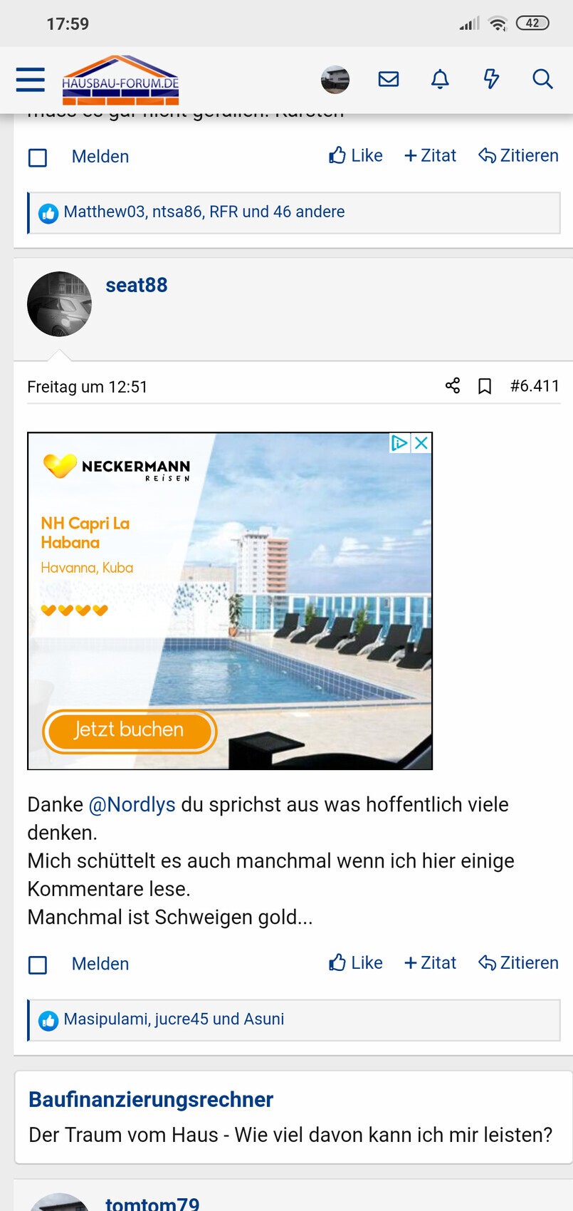 Mobiler Forumsbeitrag im Hausbau-Forum mit Profilbild, Werbebanner und Text