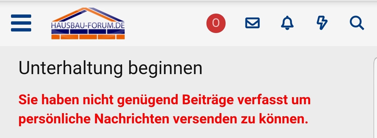 Forum-Seite: Überschrift 'Unterhaltung beginnen' mit rotem Warnhinweis: zu wenige Beiträge für PN