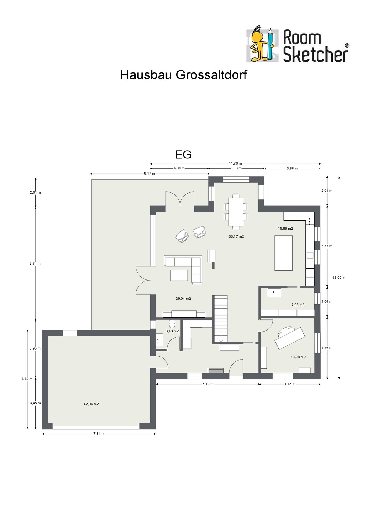 EG-Grundriss eines Einfamilienhauses mit Wohnbereich, Küche und Garage