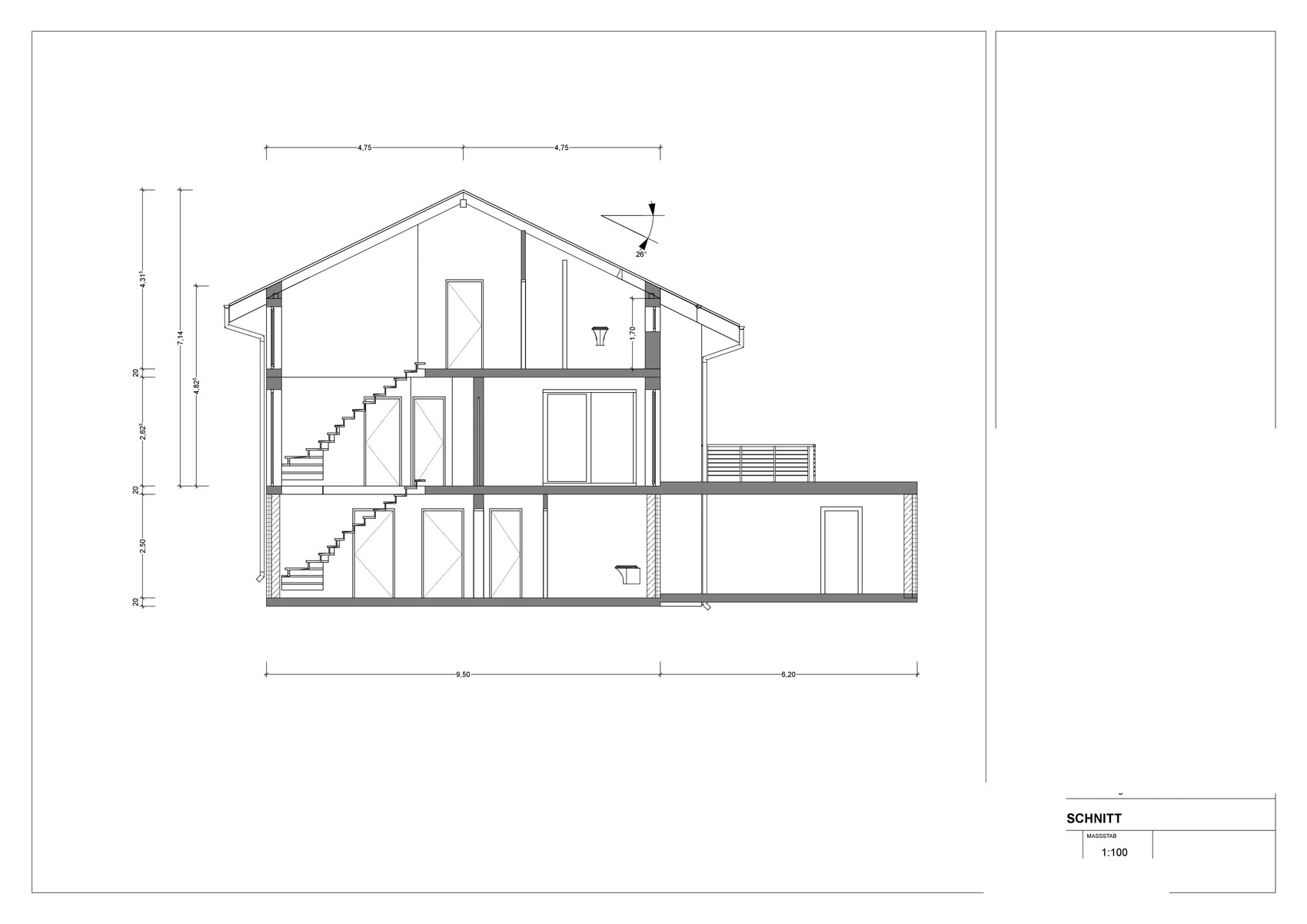 Schnitt durch ein mehrstöckiges Wohnhaus mit Treppen, Türen, Fenstern und Dachaufbau.