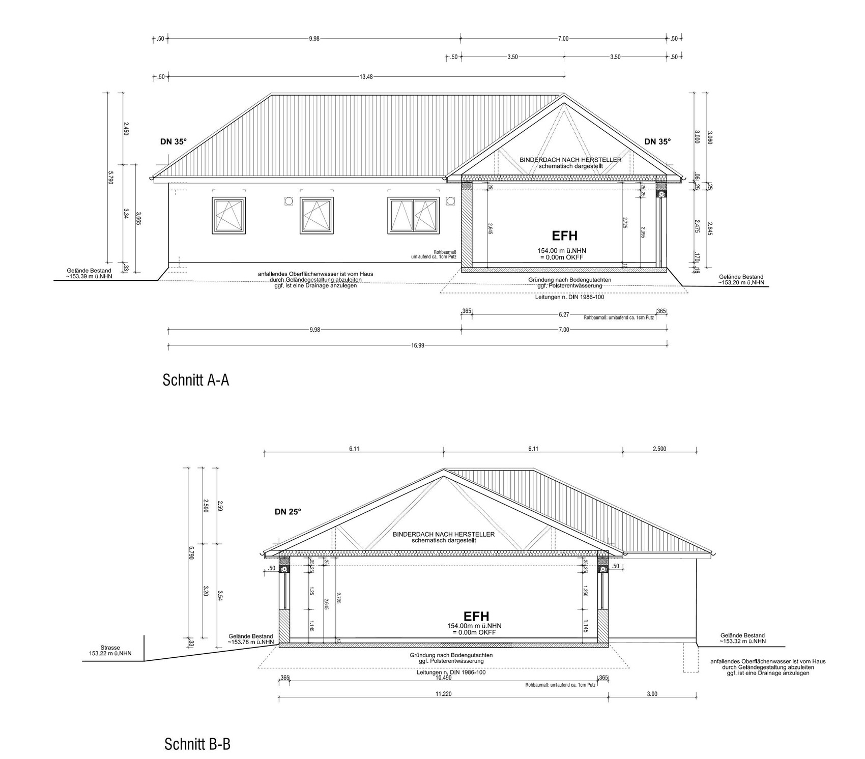 Architekturzeichnung eines EFH: Seitenansicht mit Dach und Schnitte A-A sowie B-B.