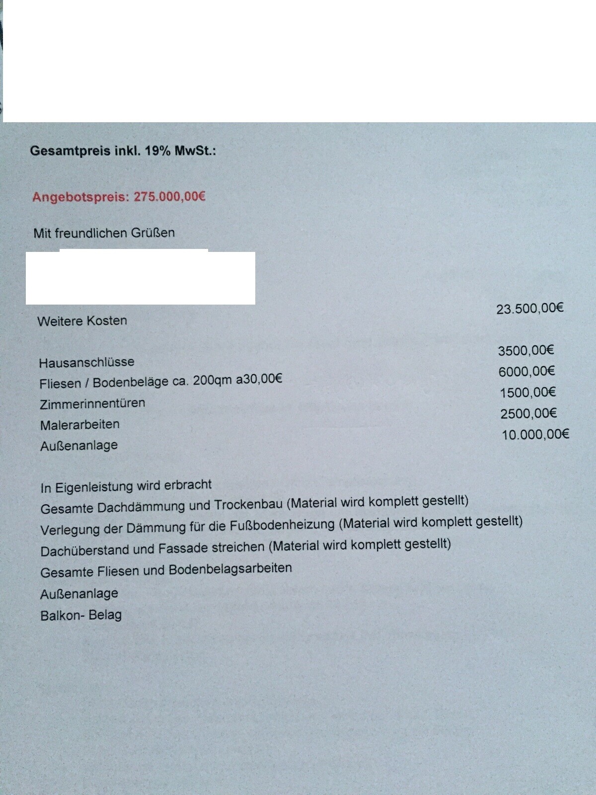 Kostenaufstellung zum Hausbau mit Posten wie Bodenbeläge, Fliesen und Außenanlage