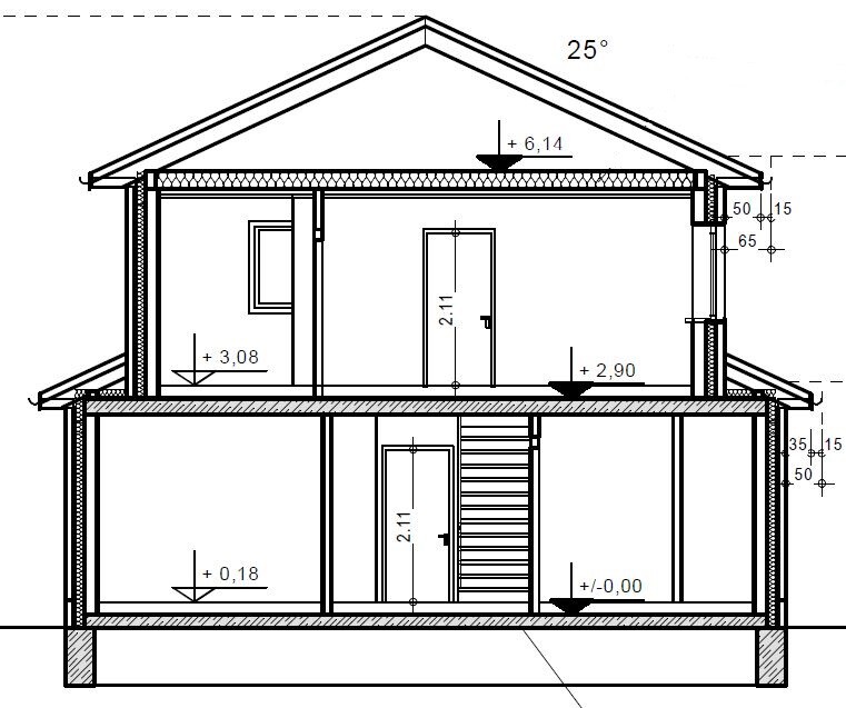 Querschnitt eines zweigeschossigen Hauses mit Treppe, Türen, Fenstern und Satteldach