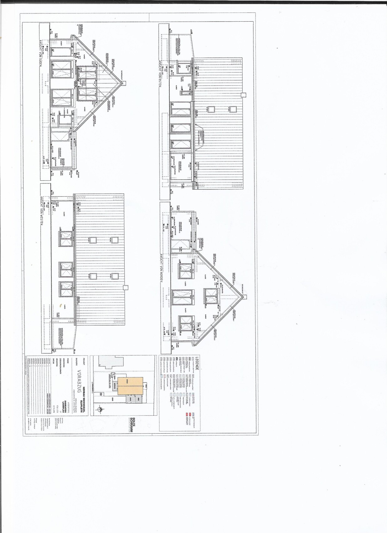 Architekturplan eines Hauses mit Front-, Seiten- und Rückansichten, Fenstern und Maßen.