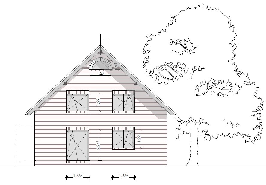 Zweigeschossige Hausfassade Zeichnung mit Fenstern, Dach und Baum im Hintergrund