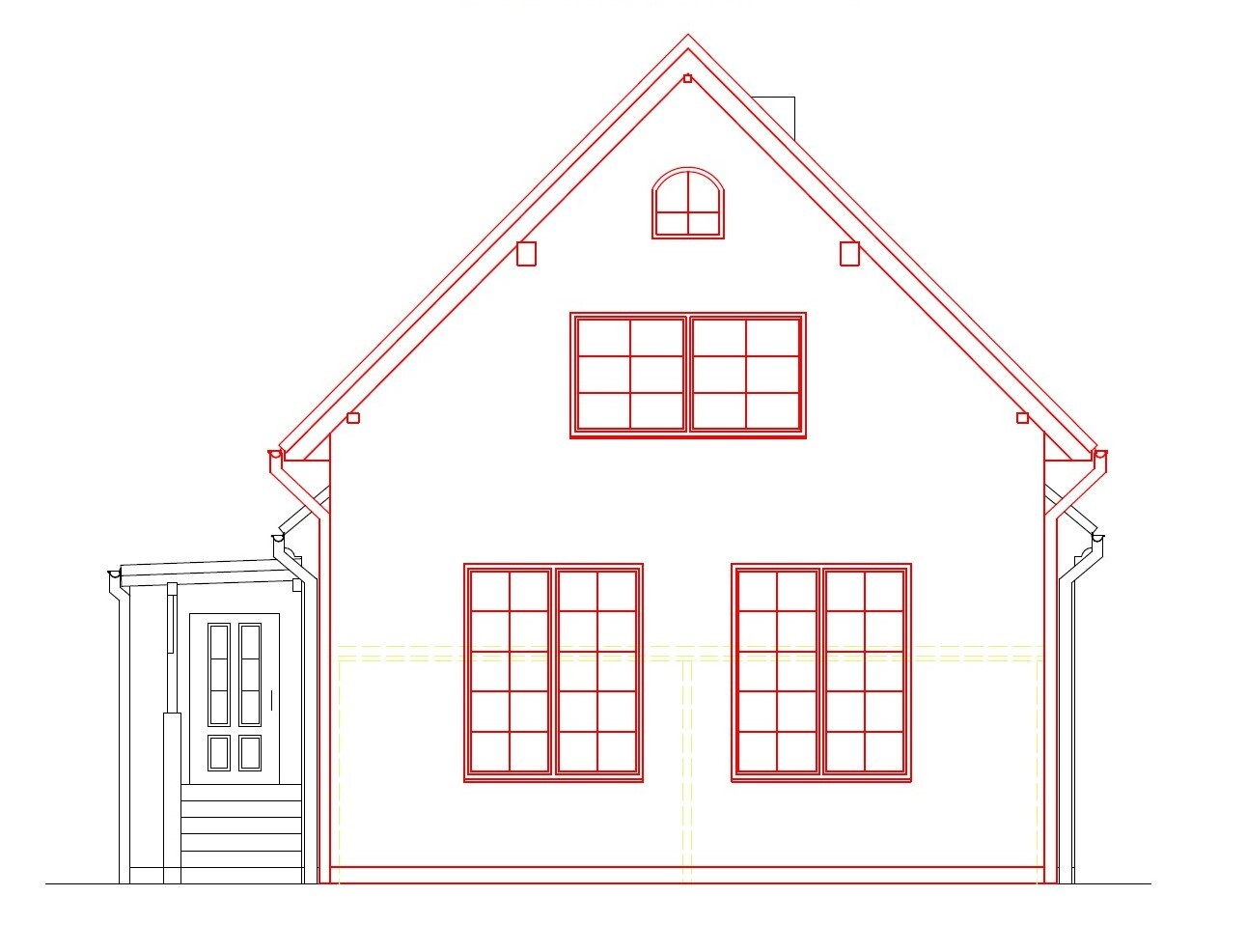 Frontansicht eines Hauses als rote Architekturzeichnung mit Dach, Fenstern und Eingang links.