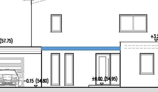 Frontansicht eines zweigeschossigen Hauses mit Garage links, Tür und Fenster, blauer Balken