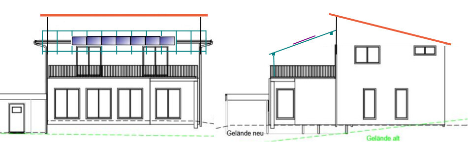Zwei Gebäude: links modernes Haus mit Balkon und Solarmodulen, rechts Altbau; Gelände neu/alt