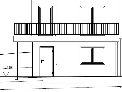 Architektenzeichnung einer zweigeschossigen Hausfassade mit Balkon und Eingang.