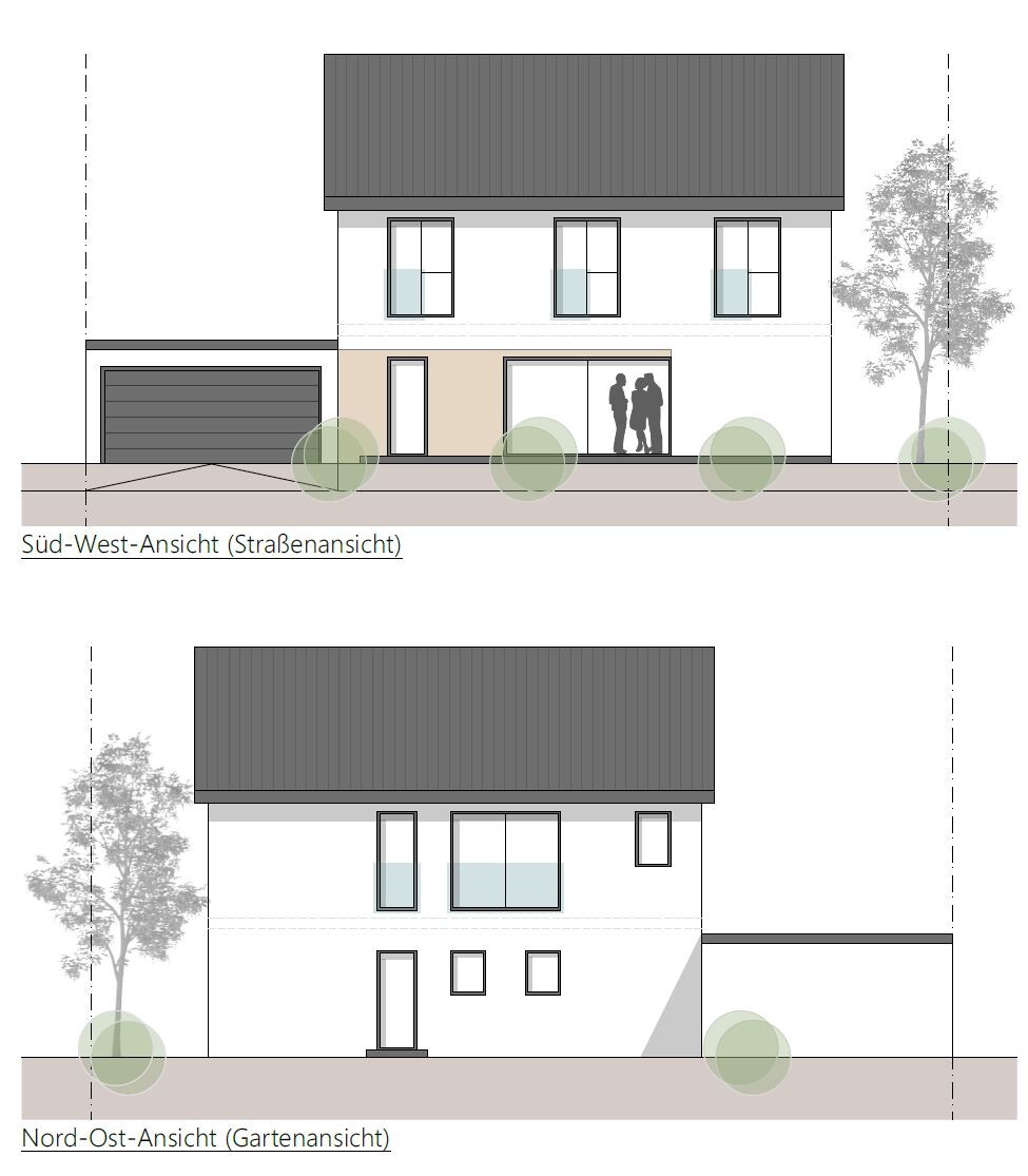 Zweistöckiges Haus mit Garage; Straßenseite und Gartenansicht, Fenster, Bäume, Personen-Silhouetten
