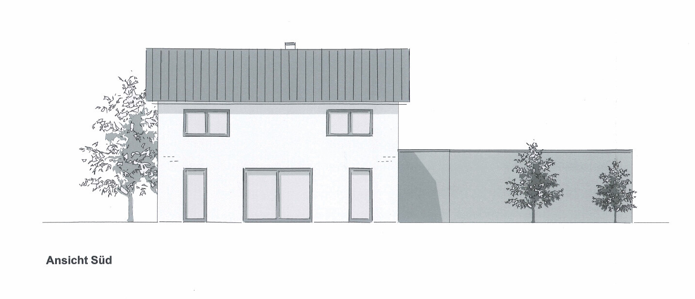 Ansicht Süd einer modernen Hausfassade mit Flachdach, großen Fenstern und Bäumen.