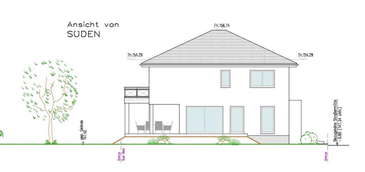 Ansicht eines zweigeschossigen Hauses von Süden mit Terrasse, großen Fenstern und Garten.