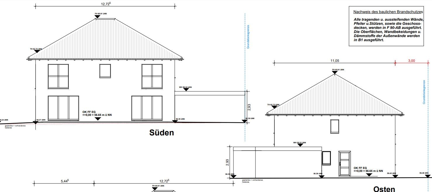 Zweigeschossiges Haus mit Satteldach; Ansichten Süden und Osten, Fenster und Türen.