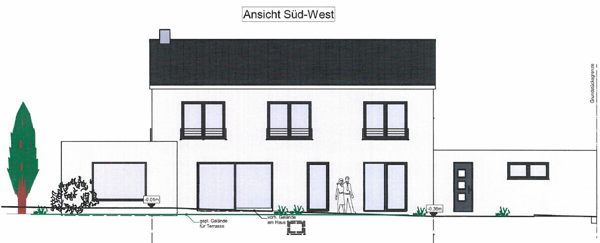 Ansicht Süd-West: modernes Haus mit dunklem Dach, großen Fenstern, Anbau links, Terrasse.