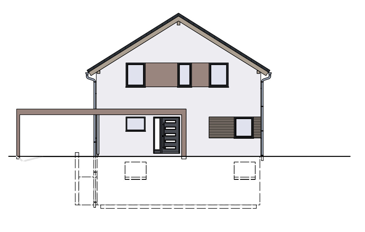 Frontansicht eines Hauses mit Dach, Fenstern und Eingangstür – architektonische Zeichnung.