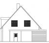 Schlichte Frontansicht eines Hauses mit Dach, Fenstern und Garage.