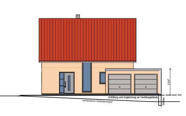 Einfamilienhaus mit rotem Dach, beiger Fassade, Eingang links und Garage mit zwei Toren rechts.