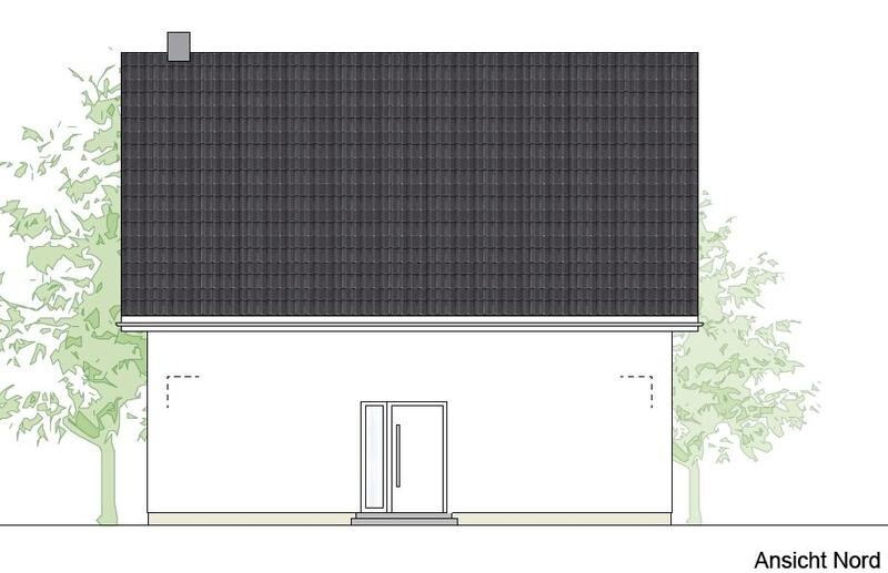 Ansicht Nord: Kleines weißes Haus mit dunklem Ziegeldach, Tür mit Glasfenster und Bäumen seitlich.