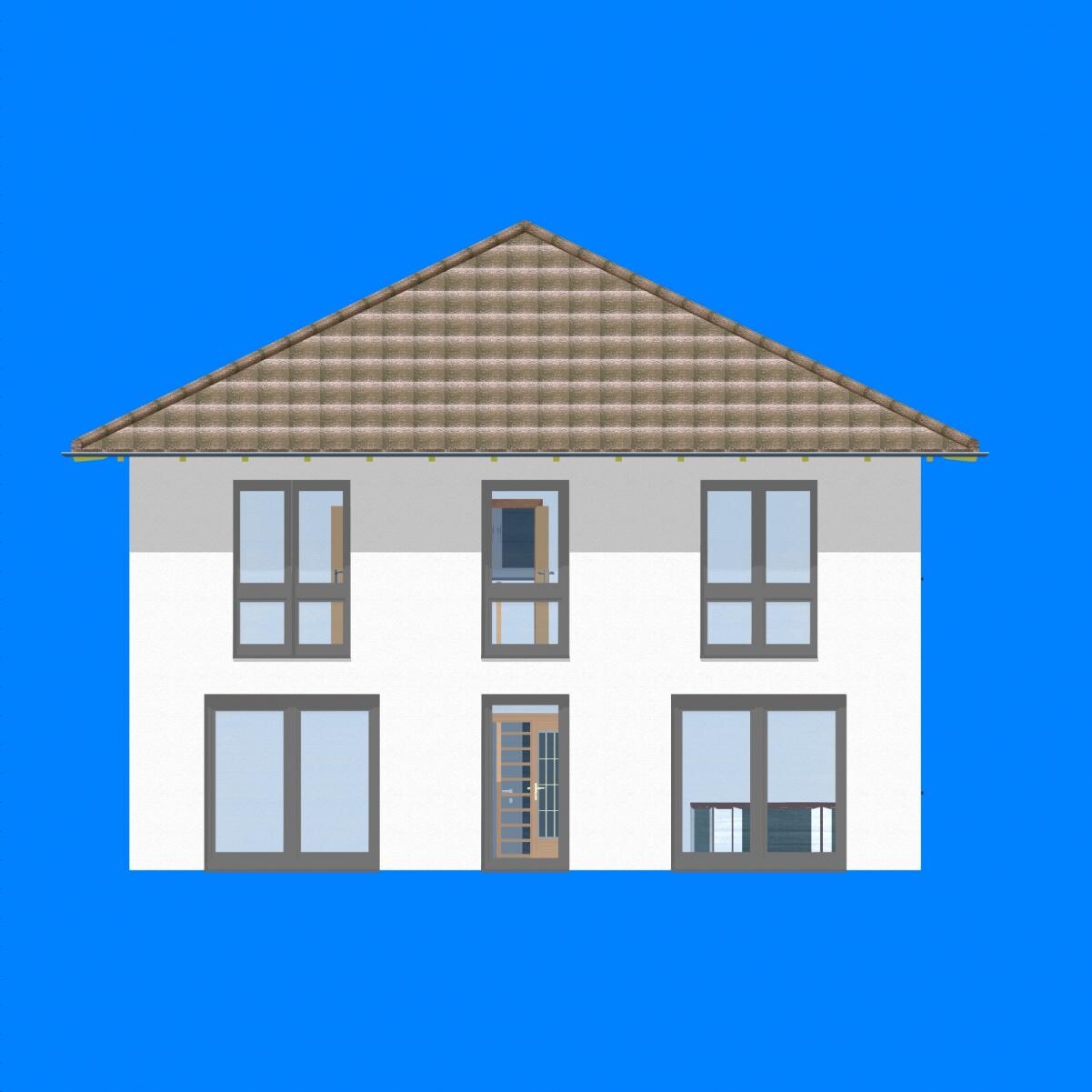 Zweigeschossiges Haus mit braunem Dach und grauen Fenstern vor blauem Hintergrund.