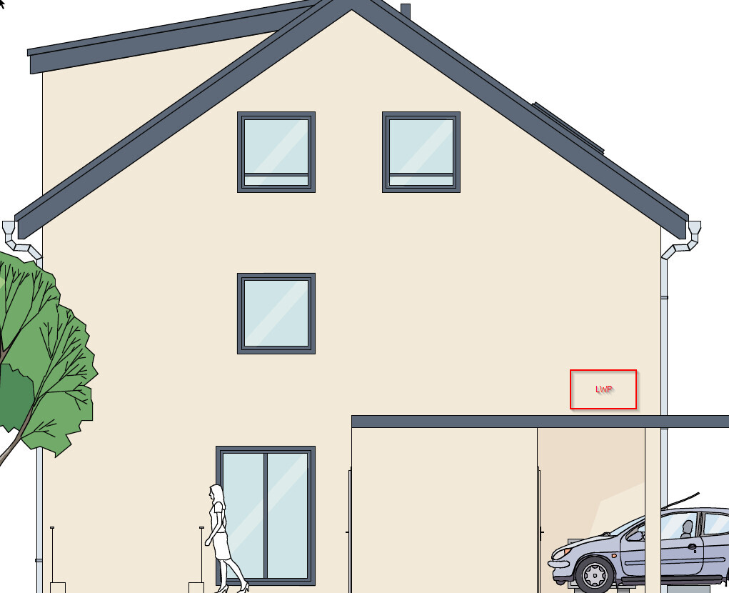 Zweistöckiges, beiges Haus mit blauem Dach, Fenstern, Carport und Auto; Fußgänger am Eingang.