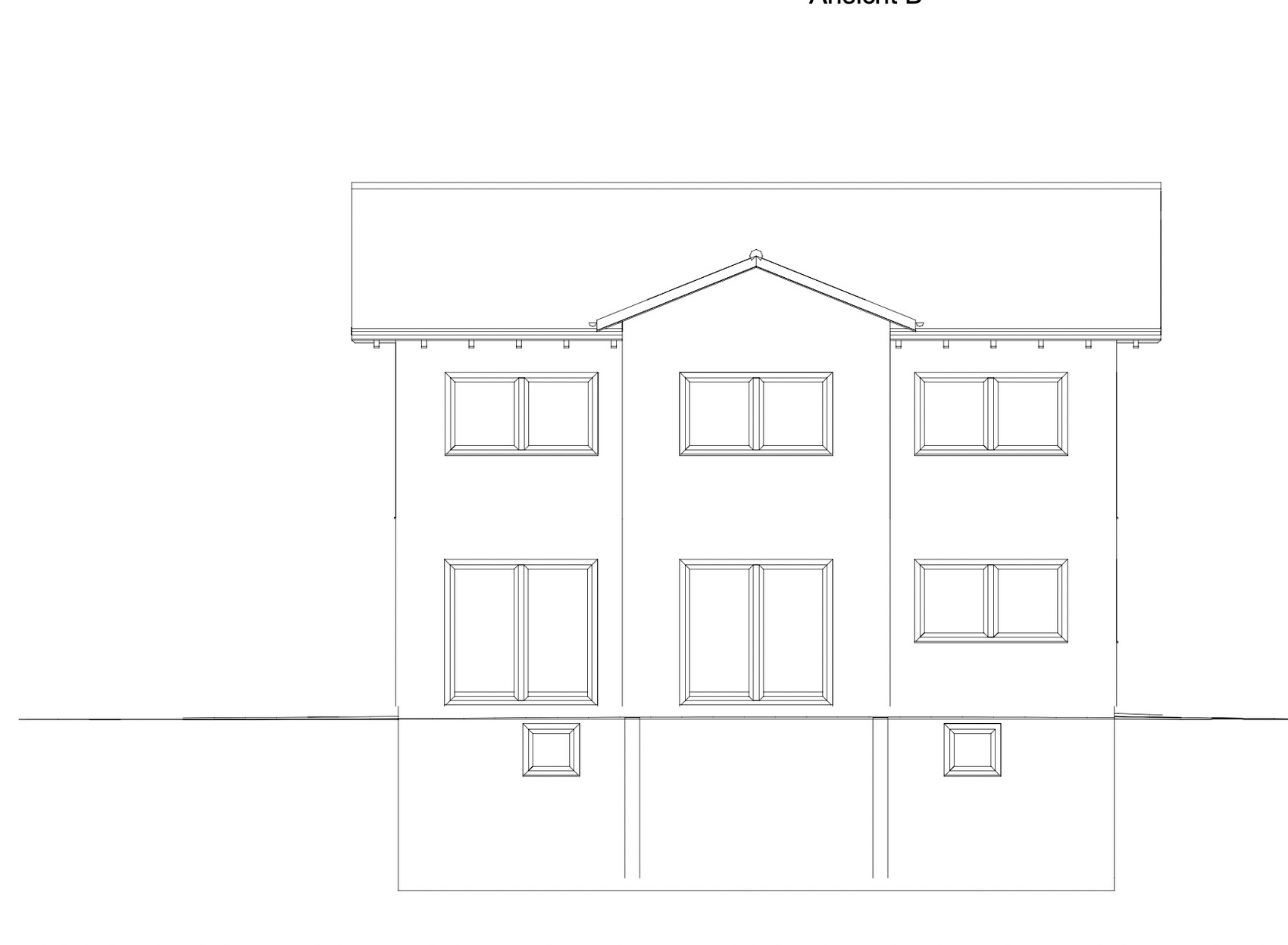 Architekturzeichnung einer zweistöckigen Hausfassade mit drei Fensterachsen und zentralem Giebeldach.