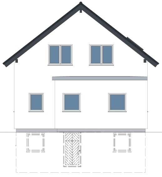 Frontansicht eines zweistöckigen Hauses mit Satteldach und sichtbarem Kellergrundriss.
