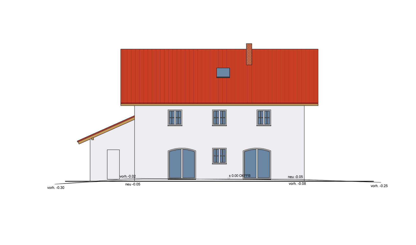 Ansicht der Fassade eines Einfamilienhauses mit rotem Dach und Fenstern.