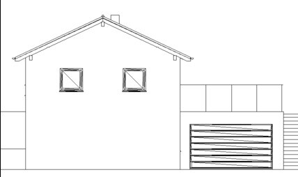 Schlichte architektonische Skizze einer Hausfront mit Garage und zwei Fenstern.
