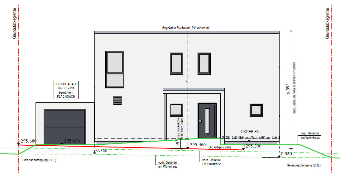 Außenansicht eines modernen Hauses mit Garage links, begrüntem Flachdach und PV vorgesehen.